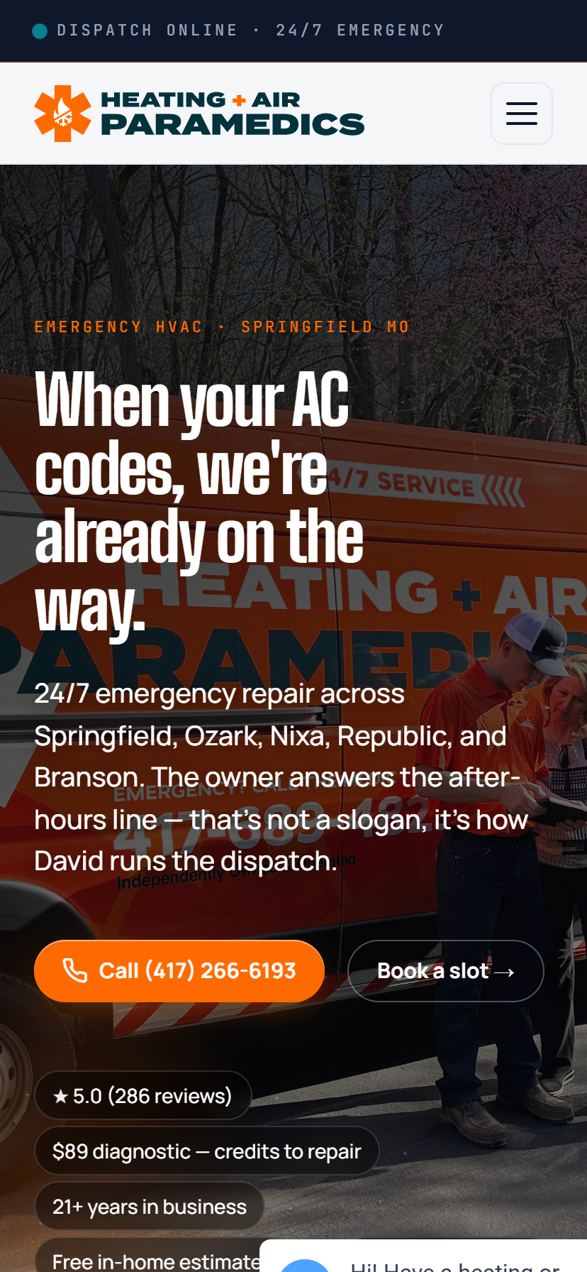 HVAC contractor site on a phone