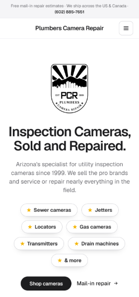Camera sales and repair shop site on a phone